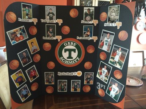 Senior night basketball trifold Basketball Poster Ideas For Players, Graduation Poster Boards, Pallet Picture Display, Graduation Photo Boards, Graduation Picture Boards, Basketball Crafts, Photo Display Board, Pallet Pictures, Basketball Senior Night