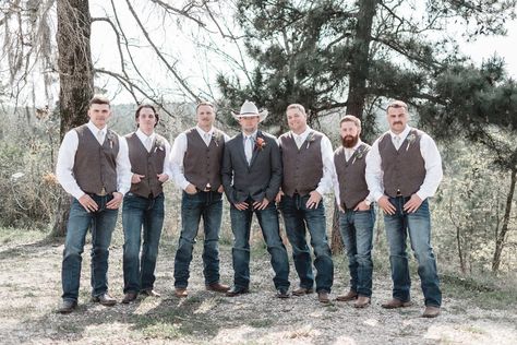 This Country Wedding For 24K Will Blow Your Mind Groomsmen Attire Jeans And Boots, Country Wedding Attire For Guests, Country Wedding Groomsmen, Country Wedding Attire, Country Wedding Party, Casual Country Wedding, Rustic Groomsmen Attire, Casual Groomsmen, Mountain Ranch Wedding