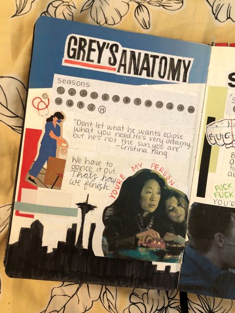 Grey’s Anatomy page for my film and tv journal Tv Scrapbook Ideas, Greys Anatomy Scrapbook, Anatomy Journal, Greys Anatomy Season 2, Tv Journal, Harry Potter Scrapbook, Scrapbook Inspo, Film Journal, Fake Plants Decor