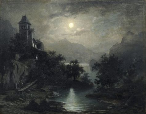 Carl Gustav Carus (1789–1869), Moon night in the mountains, c. 1850 Carl Gustav Carus, Moonlight Painting, Mountain Painting, White Landscape, Sky Mountain, Digital Art Gallery, Black And White Landscape, Moon Night, Blackest Night