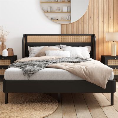 Platform Queen Bed, Rattan Bed Frame, Golden Decoration, Bed Stairs, Rattan Wood, Daybed With Drawers, Rattan Bed, Wood Platform Bed Frame, Modern Headboard