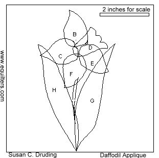 free applique floral quilt block - daffodil flower Needle Turn Applique Patterns Free, Applique Quilt Patterns Free Flower, Free Tulip Quilt Block Pattern, Daffodil Quilt, Applique Flowers Patterns Quilt Blocks, Daffodil Applique, Flower Applique Patterns, Free Applique Patterns, Patch Aplique