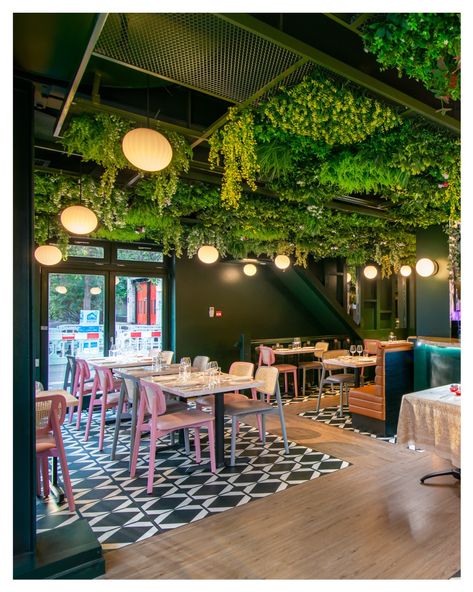 Gantry ceiling system made from expanded metal mesh with an olive green powder coat. Plants were inserted into the holes to create a ceiling from foliage. Open Ceiling Cafe Design, Mesh Ceiling Design Interiors, Green Ceiling Design, Open Ceiling Ideas, Ceiling Design Restaurant, Restaurant Ceiling Ideas, Cafe Ceiling Design, Restaurant Ceiling Design, Open Restaurant Design