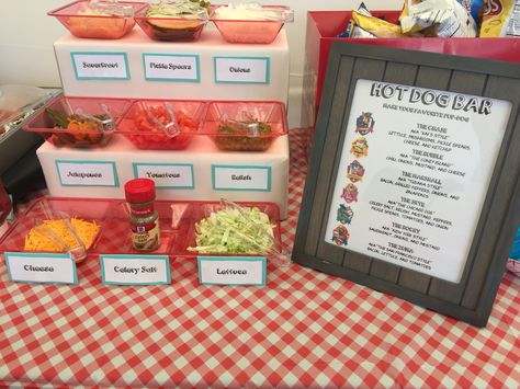 My hot dog bar toppings at my 4 year old's Paw Patrol birthday party Paw Patrol Hot Dog Bar, Hot Dog Bar Toppings, Pumpkin Birthday Parties, Dogs Birthday, Hot Dog Bar, Mickey Birthday Party, Paw Patrol Birthday Party, Patrol Party, Paw Patrol Party