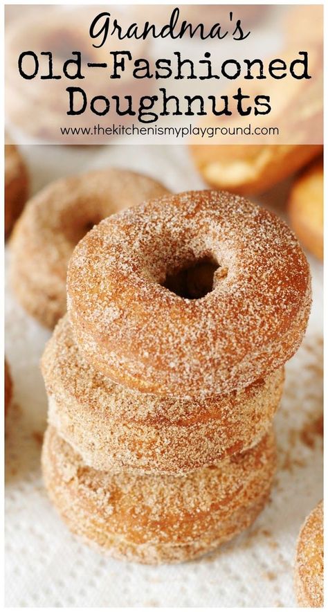 Whether you spell it doughnuts or donuts, Grandma's Old-Fashioned Doughnuts  are the BEST!  Serve up these cakey beauties plain or coated a... Sugar Donuts Recipe, Pumpkin Spice Doughnuts, Old Fashioned Donut, Cake Donuts Recipe, Easy Donut Recipe, Easy Donuts, Homemade Donuts Recipe, Homemade Doughnuts, Baked Donut Recipes