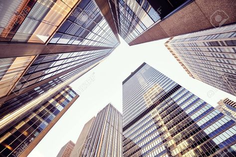 Manhattan skyscrapers at sunset, looking up perspective, color toned picture, New York City, USA. #Sponsored , #sponsored, #perspective, #color, #sunset, #Manhattan, #skyscrapers City Skyscrapers, New York City Buildings, Perspective Photos, New York Buildings, Geometric Logo Design, Big Building, Professional Business Card Design, Skyscraper Architecture, City Wallpaper