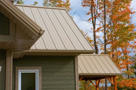 Tan Metal Roof, Tan Roof House Colors, Roofing Colors, Metal Roof Houses, Metal Roof Colors, New Modern House, Best Exterior Paint, Cabin Exterior, Metal Roofing