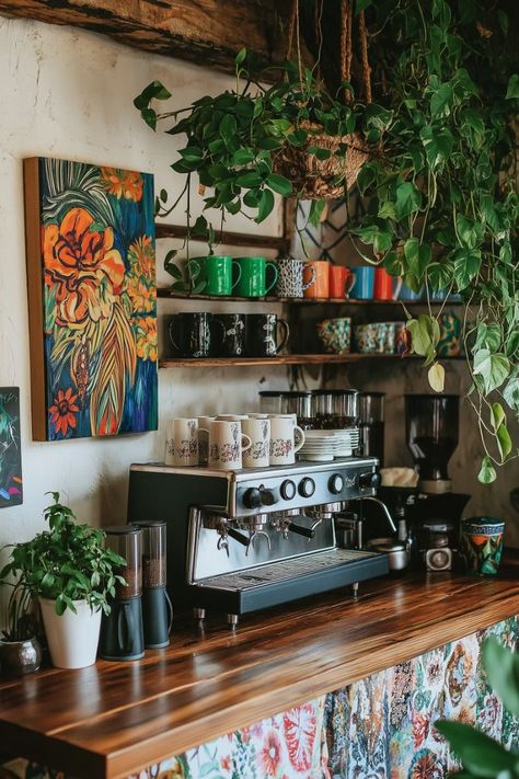 Bohemian Style Kitchen, Cozy Bohemian, Coffee Bar Design, Coffee Nook, Vintage Inspired Decor, Coffee Corner, Coffee Station, Interior Deco, Remodel Bedroom