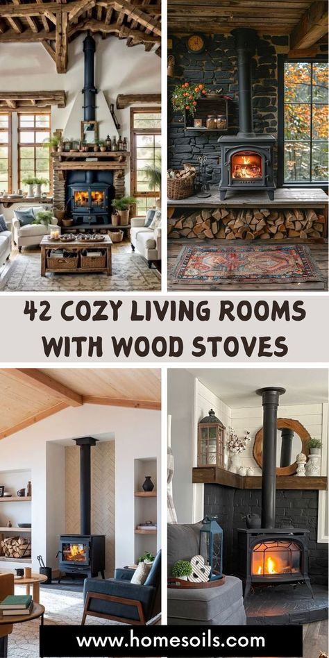 Discover 42 cozy living room ideas featuring wood stoves that blend warmth and style. From rustic to modern designs, create the perfect snug retreat. Transform your space into a welcoming haven for every season. Cast Iron Corner Fireplace, Wood Stove Placement Ideas, Pellet Stove Tile Surround, Living Room Layout With Corner Wood Stove, Wood Stove Stone Surround, Wood Stove And Tv Placement, Corner Gas Stove Fireplace Ideas, Fireplace Alternatives Ideas, Wood Burning Stove Hearth Ideas