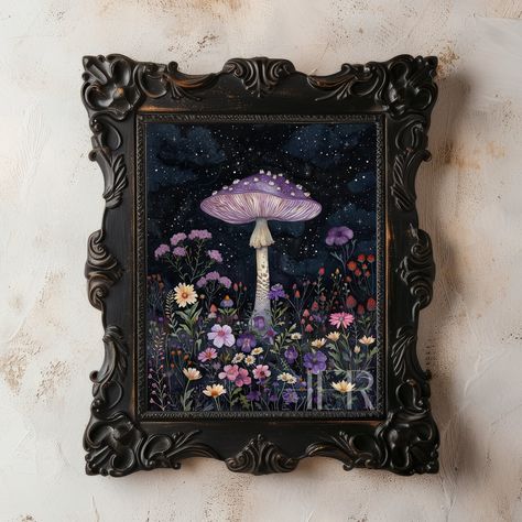 Purple Mushroom Night sky Meadow Printable Wall Art Decor will take you into a world of dark botanical nature and vintage aesthetic. Bring nature and a touch of whimsical florals to your home with the magic wall art of a violet mushroom surrounded by a moody meadow full of wildflowers put against starry sky. Inspired by vintage watercolor paintings and the atmosphere of cottagecore, this moody print combines antique aesthetics with a touch of witchy decor, creating a captivating piece that will Moody Botanical, Purple Mushroom, Art Academia, Gothic Floral, Floral Aesthetic, Dark Cottagecore, Botanical Decor, Animal Painting, Mushroom Art