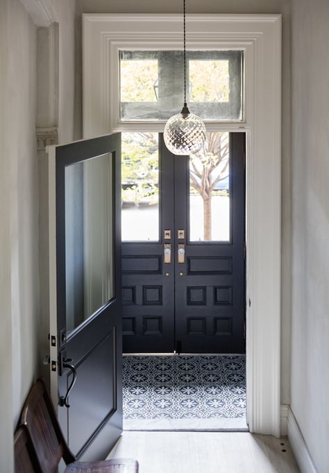 Black Front Door Interior, Brownstone Design, Edwardian Hallway, Antique Furniture Victorian, Hallway Pendant Lighting, Foyer Pendant Lighting, Apartment Entrance, Hallway Light Fixtures, Brooklyn Brownstone