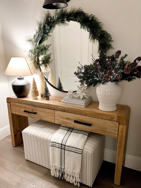 Shop Natural Curved Edge Console Table and other curated products on LTK, the easiest way to shop everything from your favorite creators. Natural Holiday Decor, Round Mirror Decor, Round Table Decor, Christmas Entryway, Cozy Christmas Decor, Christmas Vignettes, Console Table Decorating, Entryway Table Decor, Mirrored Console Table