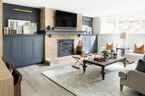 Brick Fireplace with Blue Built InCcabinets - Cottage - Living Room Chimney Decor, Bria Hammel, Red Brick Fireplaces, Brick Hearth, Coastal House, Built In Cabinet, Fireplace Built Ins, Cottage Living Rooms, Coastal Living Rooms