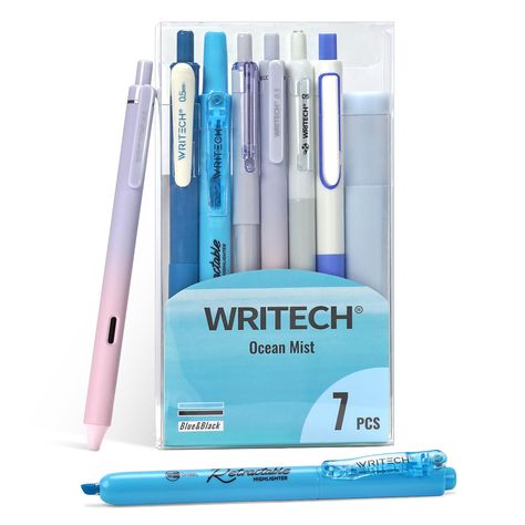 WRITECH Gel Pens Journaling Highlighters: Journal Set Aesthetic Assorted Pastel Color Ink 0.5mm Fine Point Retractable 0.7mm Black Pen Smooth Writing Drawing No Bleed 7ct (Blue) Journaling Set, Set Aesthetic, Writing Games, Student Teacher Gifts, Paint Marker Pen, Cozy Den, Journal Set, Gel Pens Set, Journaling Kits