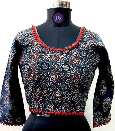 Ajrakh Blouse, Blouse With Mirror Work, Mirror Work Blouse, Kurti Neck, Kurti Neck Designs, Blouse Designs Latest, Designer Blouse, Blouse For Women, Hand Block Print