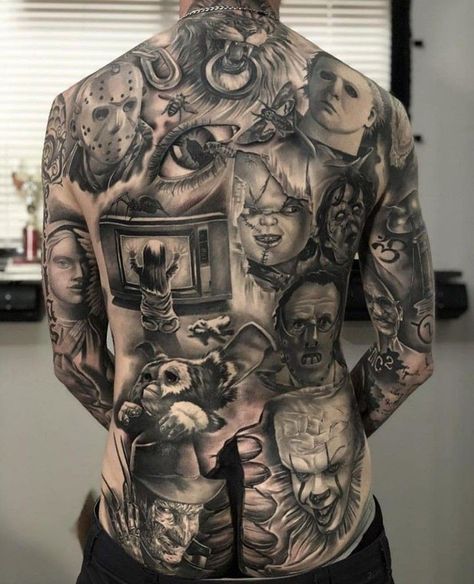 Horror Throat Tattoo, Skull Themed Tattoo Sleeve, Cool Scary Tattoos, Horror Knee Tattoo, Movie Character Tattoos, Tattoo Movie, Coverup Ideas, Horror Tattoos, Backpiece Tattoo