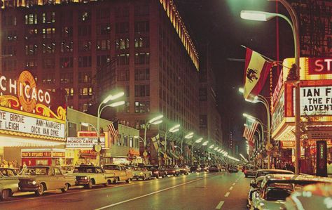 https://flic.kr/p/x1CCDs | State Street at Night - Chicago, Illinois | Looking South on State Street, the world's richest retail mile, bustling by day with over a million shoppers, it is also famous for fun and food at night Color by Penrod Studio  Cameo Greeting Cards, Inc. Copyright 1964 Dexter Press DT-80106-B Marina City, Street At Night, Chicago At Night, Chicago Pictures, Colorized Photos, Chicago History, Michigan Avenue, Beautiful Series, Richest In The World