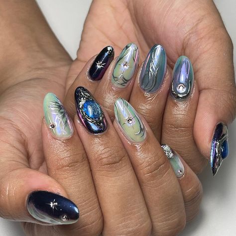 🩶 Moonstone Nails Gel, Monet Inspired Nails, Monet Nail, Pottery Nails, Jellyfish Acrylic Nails, Monet Nails, Monet Hair Products, Cherry Jubilee, Nail Aesthetic