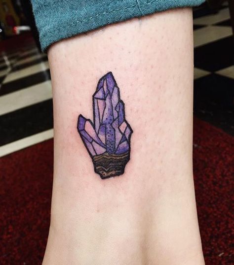 Lovely geometric amethyst geode tattoo from the illustrious Kyrsta Lannigan in Salem, Oregon ~ Stunning colors and amazing line work and stippling! ~ This is my fifth tattoo from this artist ~ I absolutely love her! ~ Geode base, Crystal tattoo, earthy, hippie, stripes, tattoos for girls, small tattoo, ankle tattoo, watercolor, lavender purple pink brown Geode Tattoo Ideas, Amethyst Crystal Tattoo Ideas, Rock Tattoo Ideas Stones, Small Crystal Tattoo, Amethyst Crystal Tattoo, Agate Tattoo, Geode Tattoo, Tattoo Earthy, Amethyst Tattoo