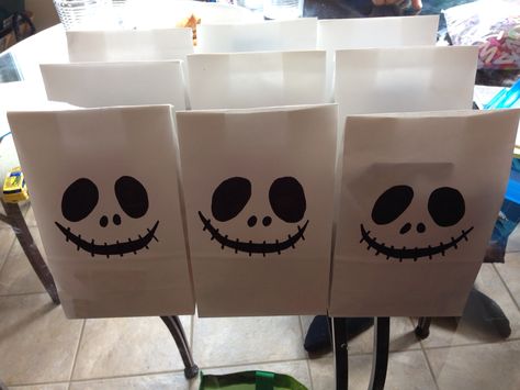 Goody bags I made for the kids for my sons 5th birthday themed party of The Nightmare Before Christmas. Nightmare Before Christmas Themed Party, Night Before Christmas Birthday Party, Nightmare Before Christmas Goodie Bags, Nightmare Before Christmas Party Activities, Jack Skellington Party Favors, Nightmare Before Christmas 2nd Birthday, Nightmare Before Christmas Birthday Kids, Nightmare Before Christmas Birthday Kids Games, 1st Birthday Boy Shirt