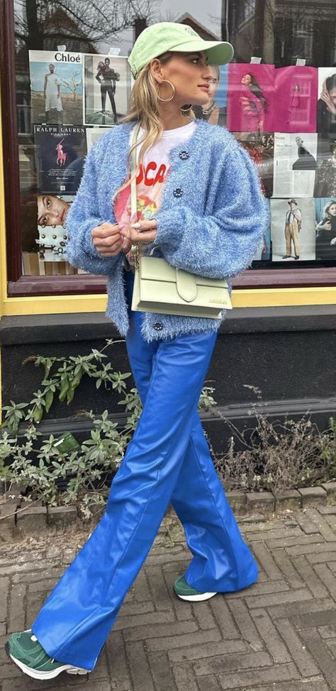 Blue Jumper Outfit, Blue Trousers Outfit, Outfit Transition, Bright Blue Pants, Blue Pants Outfit, Maximalist Outfits, Summer To Autumn, Maximalist Fashion, Summery Outfits