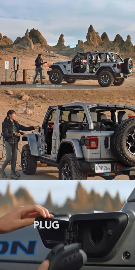 Jeep Wrangler Hybrid Tries To Steal The Bronco's Thunder. Jeep has dropped yet another teaser for the new plug-in-hybrid Wrangler 4xe. Hybrid Jeep Wrangler, Jeep Wrangler Hybrid, Electric Jeep Wrangler, Jeep Sahara, Beach Cars, Custom Pickup Trucks, Jeep Jeep, Cool Jeeps, Life Map