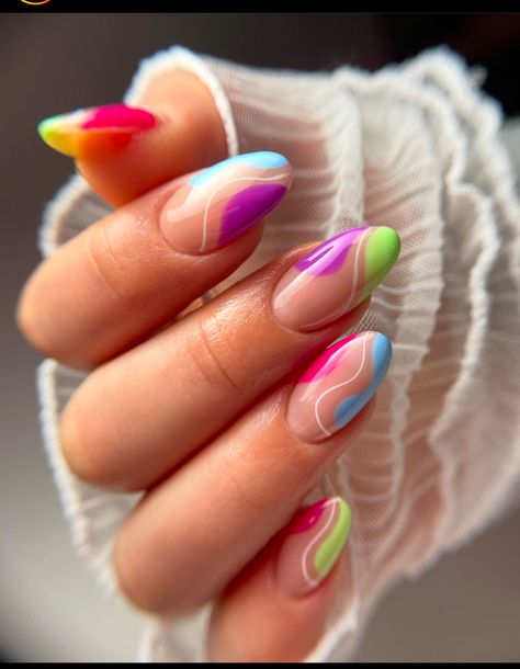 Multicolour Nail Art, Almond Nails Designs Multi Color, Funky Almond Nails Colorful, Pride Nails Designs Almond, Neon Rainbow French Tip Nails Almond, 80s Inspired Nails Neon, Vibrant Nail Designs, Short Psychadelic Nails, Bright Nail Art