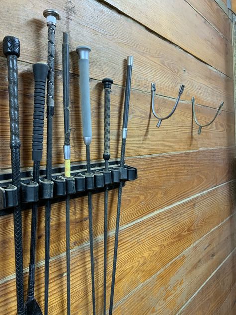 Tack Cleaning Station, Stable Organization, Tack Room Ideas, Whip Holder, Horse Barn Decor, Tack Room Organization, Small Horse Barn, Horse Tack Rooms, Farm Hacks