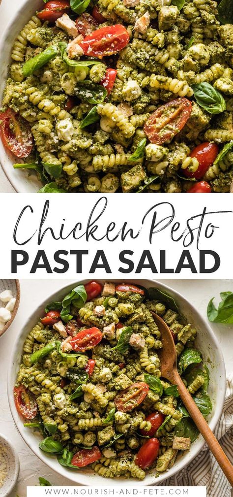 This easy-to-make Chicken Pesto Pasta Salad shines with fresh ingredients and tons of flavor. It's a lovely quick lunch or dinner, and is a terrific go-to for any warm-weather BBQ, potluck, or picnic. Easy to make ahead, and it only gets better with a day in the fridge. Pesto Chicken Pasta Salad, Chicken Pesto Pasta Salad, Bbq Potluck, Chicken Pesto Pasta, Pesto Salad, Pesto Pasta Salad, Chicken Pesto, Easy Pasta Salad Recipe, Salad Meal Prep