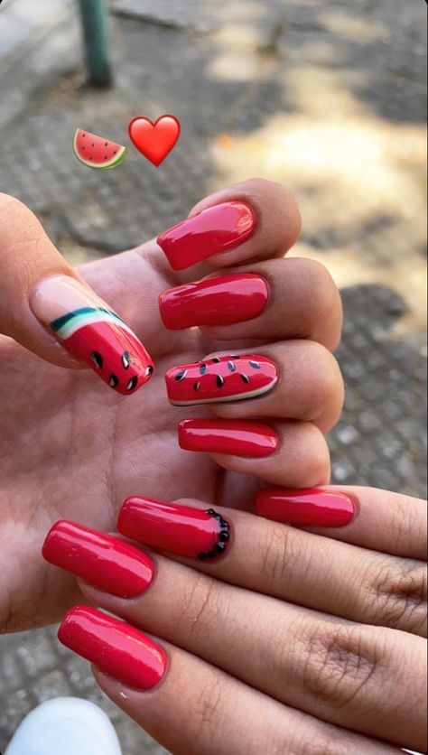 red nails with drawings watermelons Watermelon Red Nails, Nails With Drawings, Watermelon Nails, Watermelon Red, Nails Nails, Red Nails, Nail Ideas, Watermelon, Nails