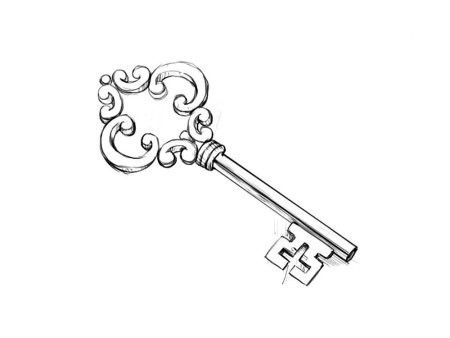 Key With Ribbon Tattoo, Tiny Key Tattoo, Vintage Key Drawing, Keyhole Drawing, Skeletons Tattoo, Vintage Key Tattoos, Key Sketch, Keys Tattoo, Key Drawing