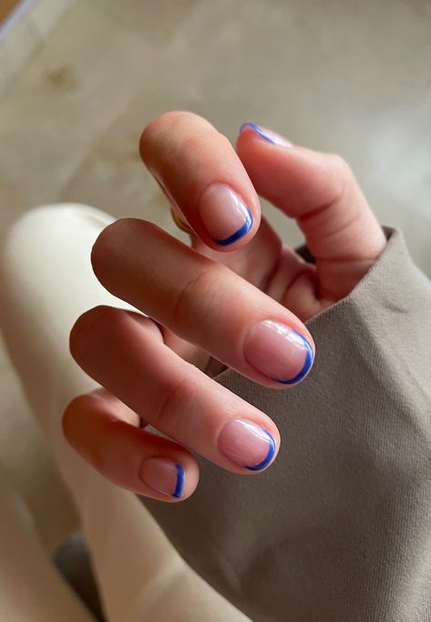 French Manicure Short Nails Gel, Short French Nails Color Tips, Short Nails French Tip Color, Short Colored French Tip Nails, Short Nail Designs Summer 2024, French Manicure Short Nails, Blue French Manicure, Mens Nails, Happy Nails