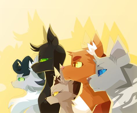 Founders by Nifty-senpai.deviantart.com on @DeviantArt Back to front: River ripple, Tall shadow, Wind runner,    Thunder and Clear sky Dawn Of The Clans, Nifty Senpai, Warrior Cat Fanart, Wind Runner, Warrior Cat Memes, Cat Fanart, Warrior Cats Series, Warrior Cats Books, Warrior Drawing