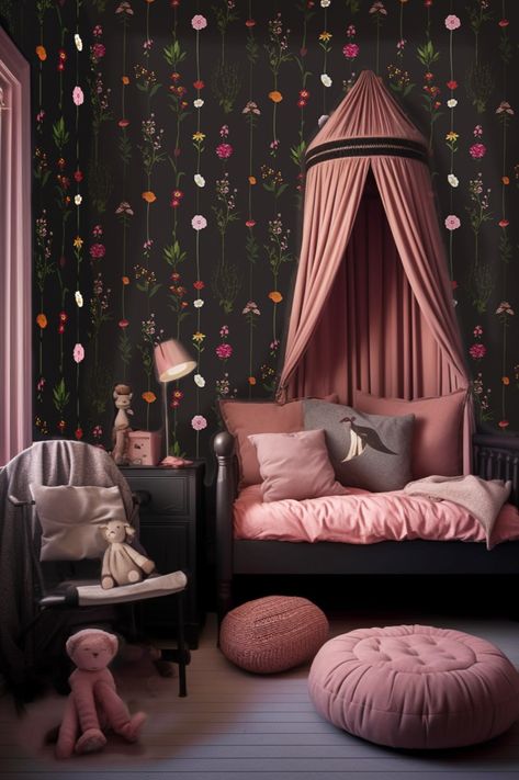 Dark Wallpaper Nursery, Black And Pink Nursery Girl, Dark Green And Pink Nursery, Dark Woodland Nursery, Dark Kids Bedroom, Dark Nursery Ideas Girl, Dark Purple Nursery, Moody Kids Room, Dark Academia Nursery