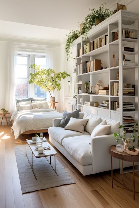 Nyc Home Decor, Studio Partition Ideas, Scandinavian Apartment Decor Ideas, 450 Sq Ft Studio Apartment Ideas, Small Basement Studio, French Studio Apartment, White Apartment Aesthetic, Small New York Apartment Aesthetic, Writers Cabin