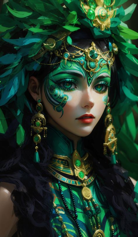 This painting of a goddess of the jungle is a stunning ode to wild beauty and power. The goddess's green hair and dress of leaves and flowers blend in perfectly with her surroundings, making her one with the jungle itself. The wild animals around her seem to respect and adore her, and her eyes are filled with wisdom and power. This image is a reminder that we are all part of nature, and that we should respect and cherish the wild beauty of the jungle. Jungle Goddess, Jungle Queen, Dnd Inspiration, Nature Goddess, Fantasy Style, Earth Goddess, Art Resources, Wild Beauty, Fantasy Forest