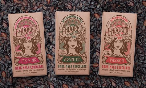 Art Nouveau Packages for Organic Chocolate Bars on Behance Art Deco Packaging, Wine Label Illustration, Art Nouveau Graphic Design, 1920 Design, Classic Packaging, Sweets Packaging, Chocolate Bar Design, Chocolate Line, Packaging Concept