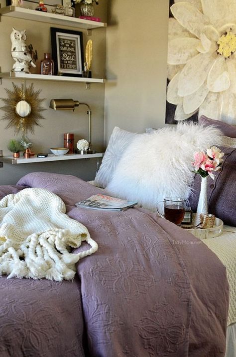 Amethyst Bedroom Ideas, Neutral Purple Bedroom, Boho Purple Bedroom, Amethyst Bedroom, Grey Guest Bedroom, Wisteria Bedroom, Lavender Boho Bedroom, Lavender Bedroom Ideas, Purple Boho Bedroom