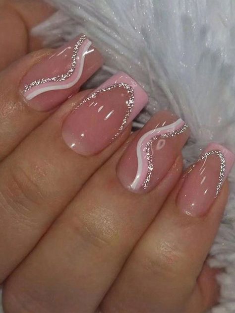 Silver Stripe Nails, Pink Nail Patterns, Sparkly Festive Nails, Pink And White Nails Glitter, Pink Detail Nails, Light Pink And Glitter Nails, Nails For Birthday Short, Baby Pink And Silver Nails, White And Pink Acrylics