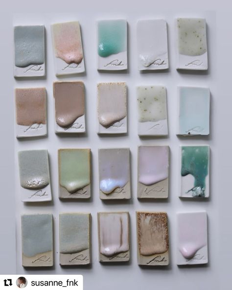 Amazing pastel pallet 👏 glaze test tile inspiration of the week 😍 #Repost @susanne_fnk ・・・ A selection of glaze samples I developed recently. Glaze chemistry is definitely one of my biggest passions at the moment. Opening the kiln is always thrilling – you never know exactly what to expect, only having a rough idea. It almost feels a bit like Christmas each time. • #pottery #pottery_lovers #glazes #clay #keramik #craft #handmade #keramikliebe Ceramic Test Tiles, Ceramics Photography, Pastel Pallet, Glaze Ideas, Glazed Ceramic Tile, Ceramic Texture, Glazed Tiles, Ceramic Glaze, Tile Inspiration