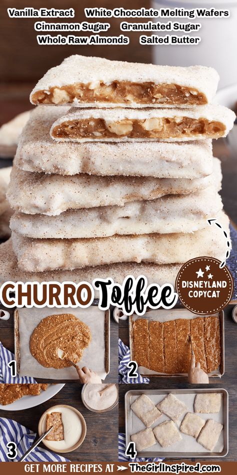 Use 6 easy ingredients to make Churro Toffee just like Disney right in your own kitchen! Churro Bar, Churro Toffee, Chocolate Melting Wafers, Toffee Recipe, Toffee Bars, Raw Almonds, Roasted Almonds, Toasted Almonds, Disney Food