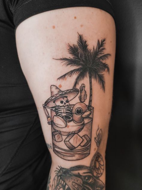 Skull Cocktail Tattoo, Locals Only Tattoo, Flash Leg Tattoo, Daiquiri Tattoo, Black And Gray Neo Traditional Tattoo, Skull With Sombrero Tattoo, Neo Traditional Tattoo Design Black And Grey, Coconut Drink Tattoo, Skeleton Beach Tattoo