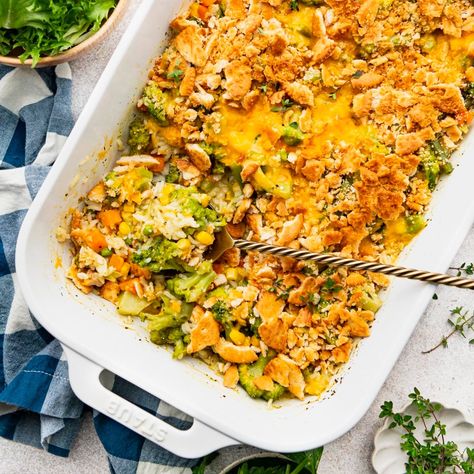 Dump-and-Bake Vegetable Casserole - The Seasoned Mom Easy Vegetable Casserole, Cheesy Vegetable Casserole, Veg All Casserole, Casserole With Rice, Ritz Cracker Topping, Veggie Casseroles, Cheesy Vegetable, Cracker Toppings, Veggie Casserole