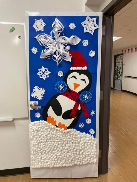 Mrs. Beal’s classroom decor/tied for first place! Penguin Christmas Door Decorations, Office Christmas Door Decor, Penguin Door Decorations For School, Penguin Door Decoration, Winter Wonderland Classroom Decorations, Winter Wonderland Classroom Door, Winter Wonderland Door Decorations, Penguin Classroom Door, Winter Wonderland Door