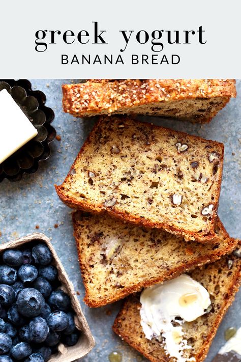 Greek yogurt banana bread is the BEST homemade banana bread recipe! Studded with chopped pecans, enjoy with butter and honey for the best breakfast! Banana Bread With Greek Yogurt, Greek Yogurt Banana Bread, Yogurt Banana Bread, Homemade Banana Bread Recipe, Classic Banana Bread Recipe, Yogurt Bread, Yogurt Banana, Classic Banana Bread, Banana Bread Recipe Healthy