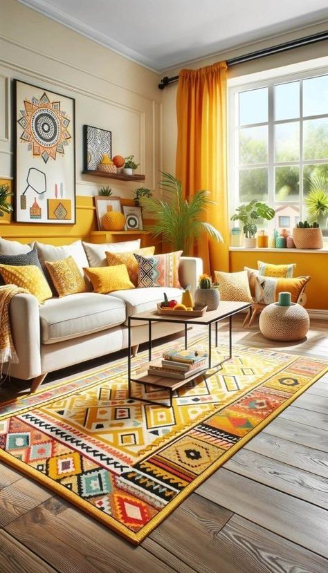 Cream Couch, Vibrant Interior Design, Vibrant Rug, White Living Room Decor, Colorful Room Decor, Vibrant Living Room, Small Room Decor, Yellow Living Room, Coban