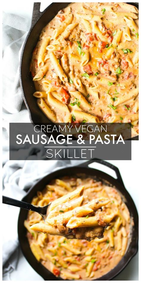 Vegan Sausage Pasta, Pasta Monday, Vegan Edibles, Sausage Pasta Skillet, Vegan Ground Beef, Pasta Skillet, Vegan Beef, Skillet Pasta, Sausage Recipe