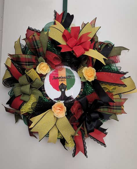 Colorful Inspirational Wreath, Emancipation Inspired Wreath, Welcome Wreath History Decorations, Juneteenth Wreath, Ideas With Ribbon, Inspirational Crafts, Welcome Wreath, Wreath Crafts, Front Door Wreath, Wreath Ideas, Door Wreath