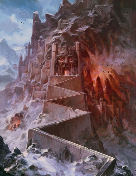 Dwarven Architecture Concept Art, Dnd Mountain City, Volcano Fortress, Minecraft Mountain Fortress, City In Mountain, Dwarven Culture, Dnd Mountain, Volcano City, Ice Fortress