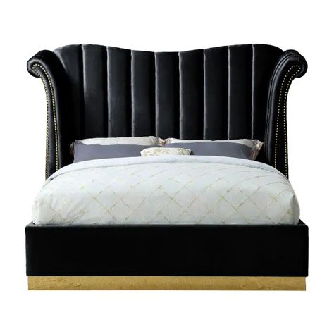 Meridian Furniture Inc Flora Upholstered Wingback Low Profile Bed with Nailhead Trim | Hayneedle Black Velvet Bed, Velvet King Bed, Luxury Bedroom Suite, Tufted Platform Bed, Low Profile Bed, Velvet Upholstered Bed, Lit King Size, King Platform Bed, Wingback Headboard